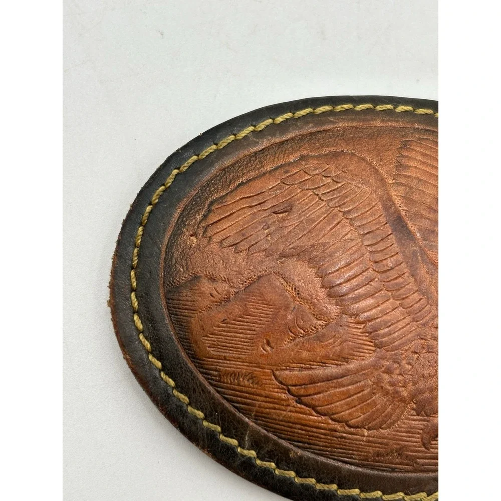 Vintage Tooled Embossed Leather Bald Eagle Belt Buckle Handcrafted 3.75